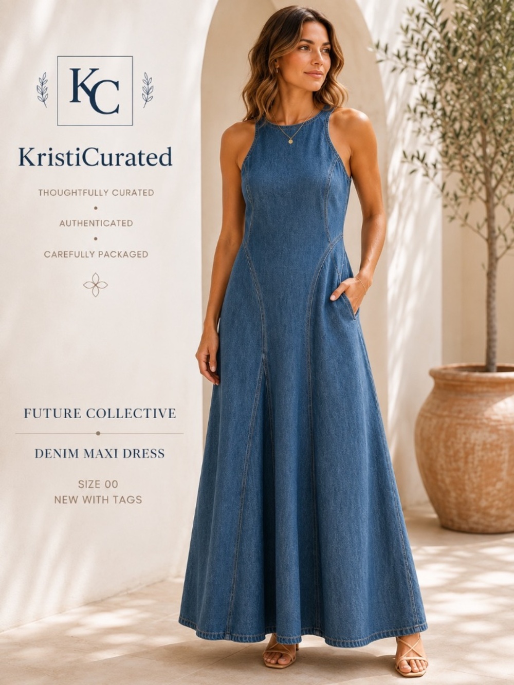 Future Collective Denim Fit & Flare Maxi Dress Size 00 NWT